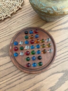 Vintage Wooden Solitaire Board Game with Antique Marbles 33 Clearies